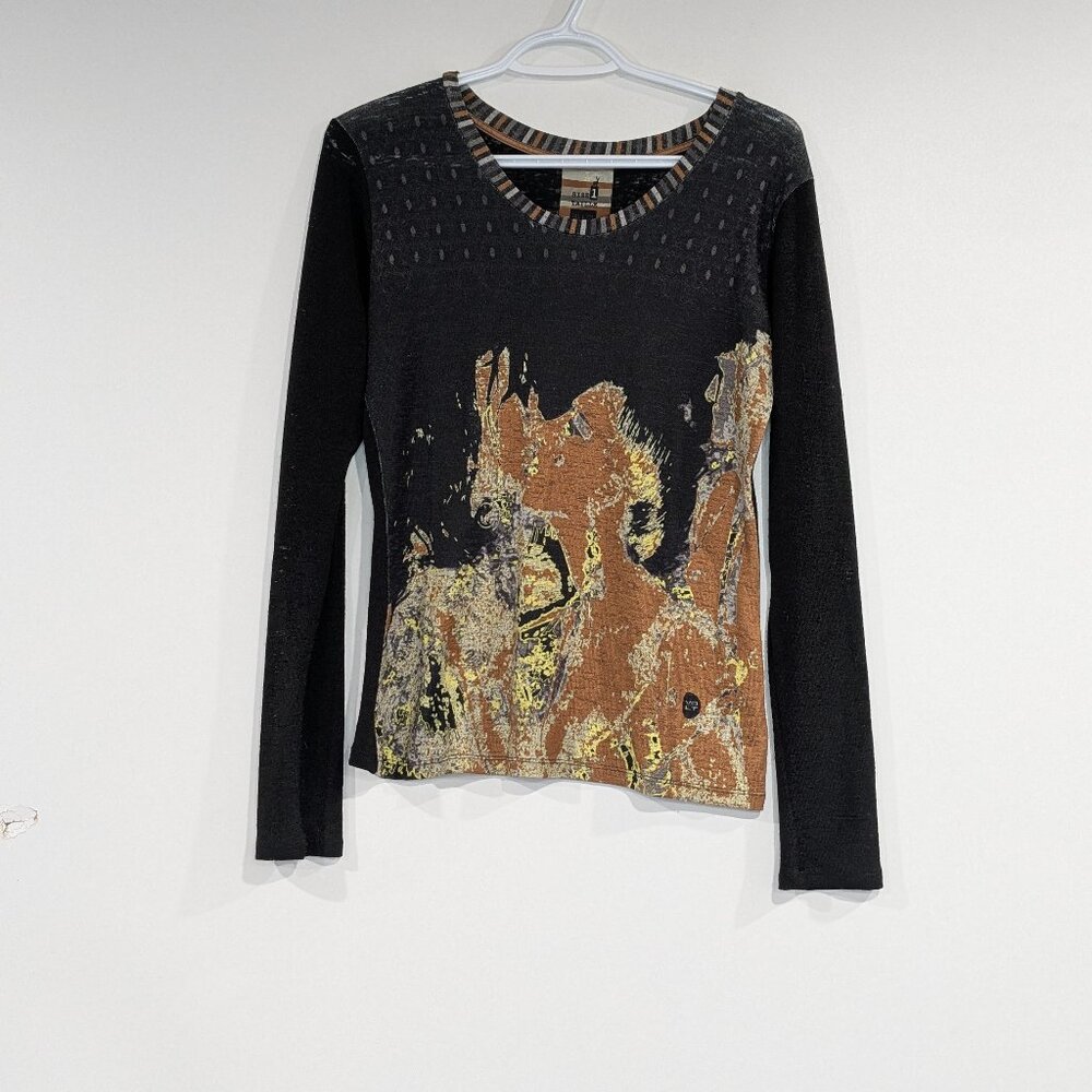 *3/$10* Pal & Ptl Volt Design Graphic Long Sleeve Top Tan Black Size 1 Size XS
